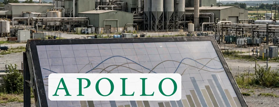 Portada: logo de Apollo con una planta industrial y un panel de gráficos financieros