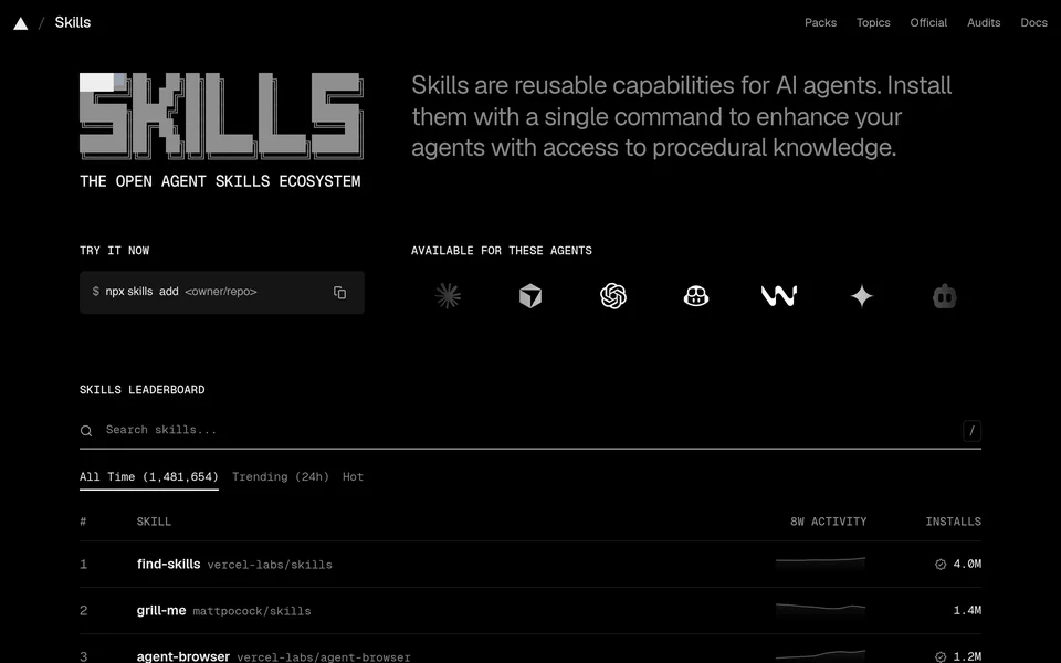 Captura real de skills.sh