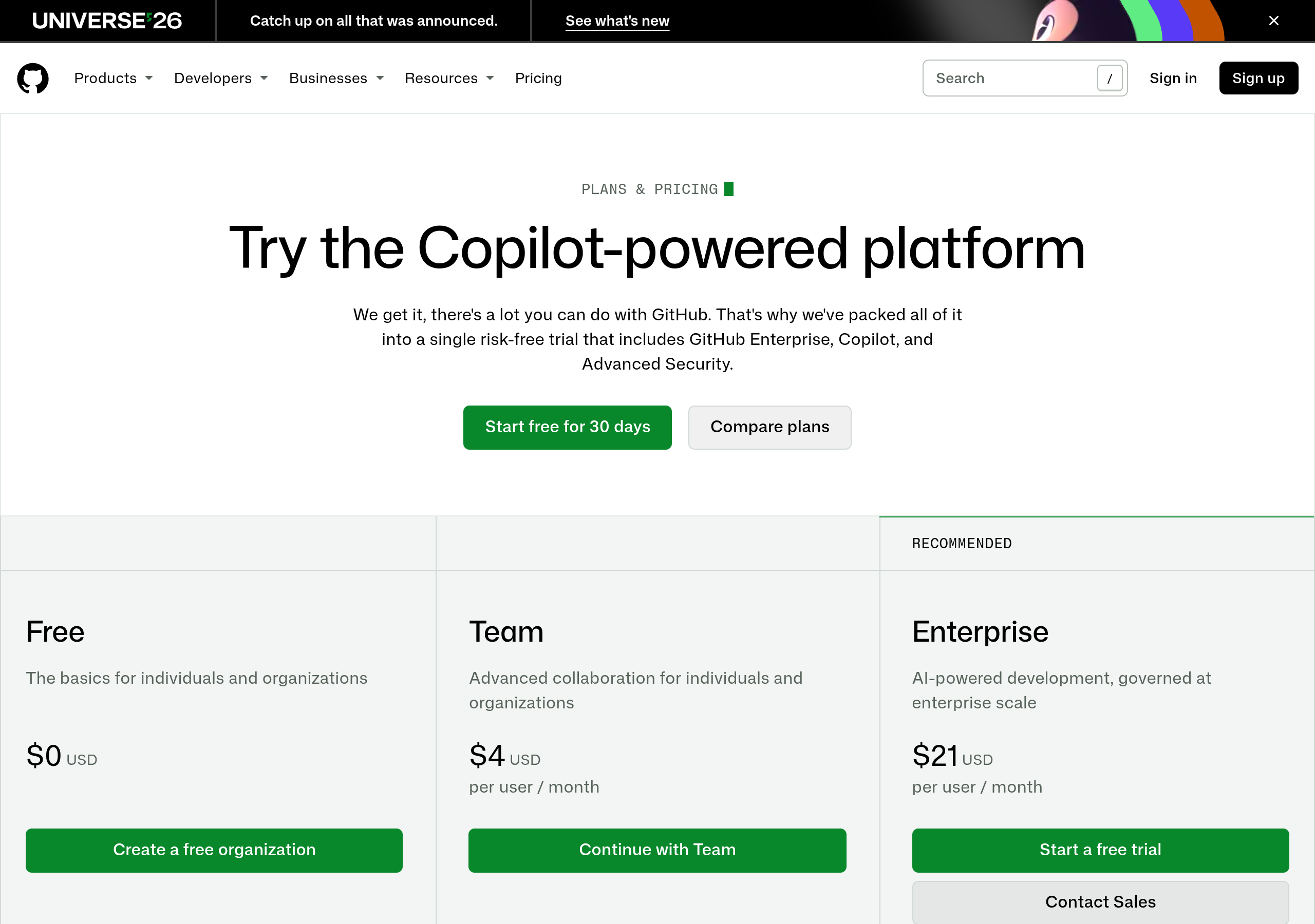 Planes y precios oficiales de GitHub
