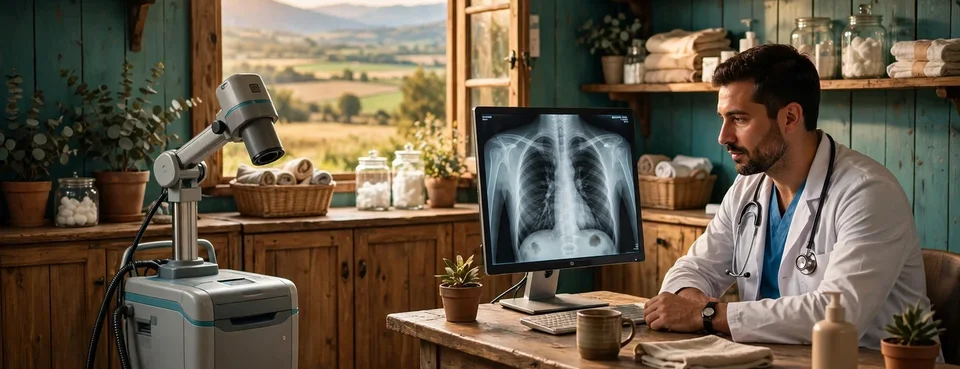 Ilustración editorial: Google lleva modelos de IA al cribado de tuberculosis con MedGemma y radiografías