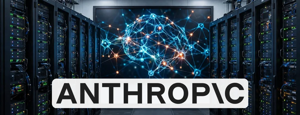 Portada: logo de Anthropic con una sala de servidores vacía y una pantalla con una red neuronal