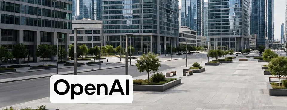 Portada: logo de OpenAI con un distrito empresarial de torres de oficinas y plaza desierta