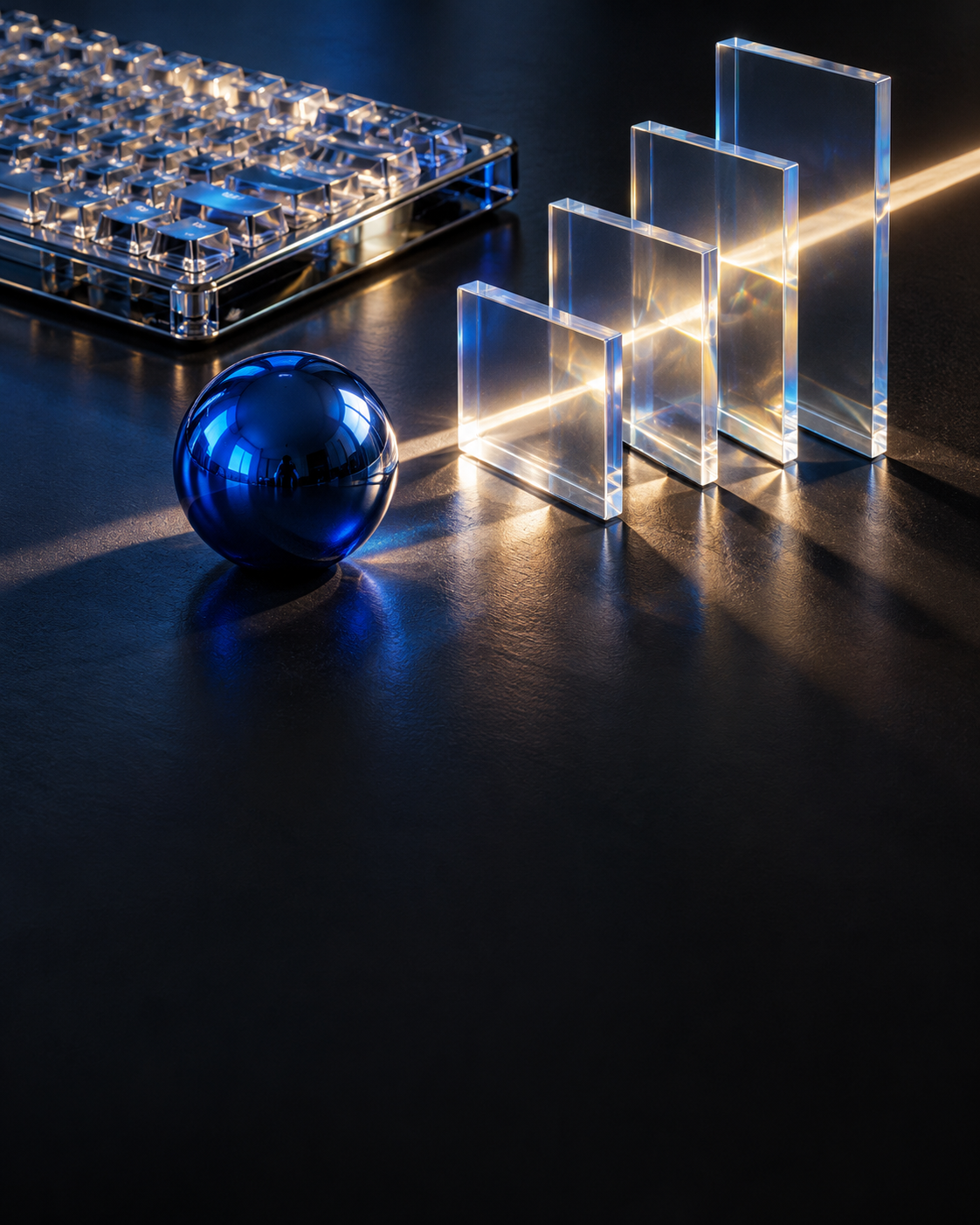 Ilustración editorial: teclado transparente, esfera azul y paneles de cristal formando una secuencia.